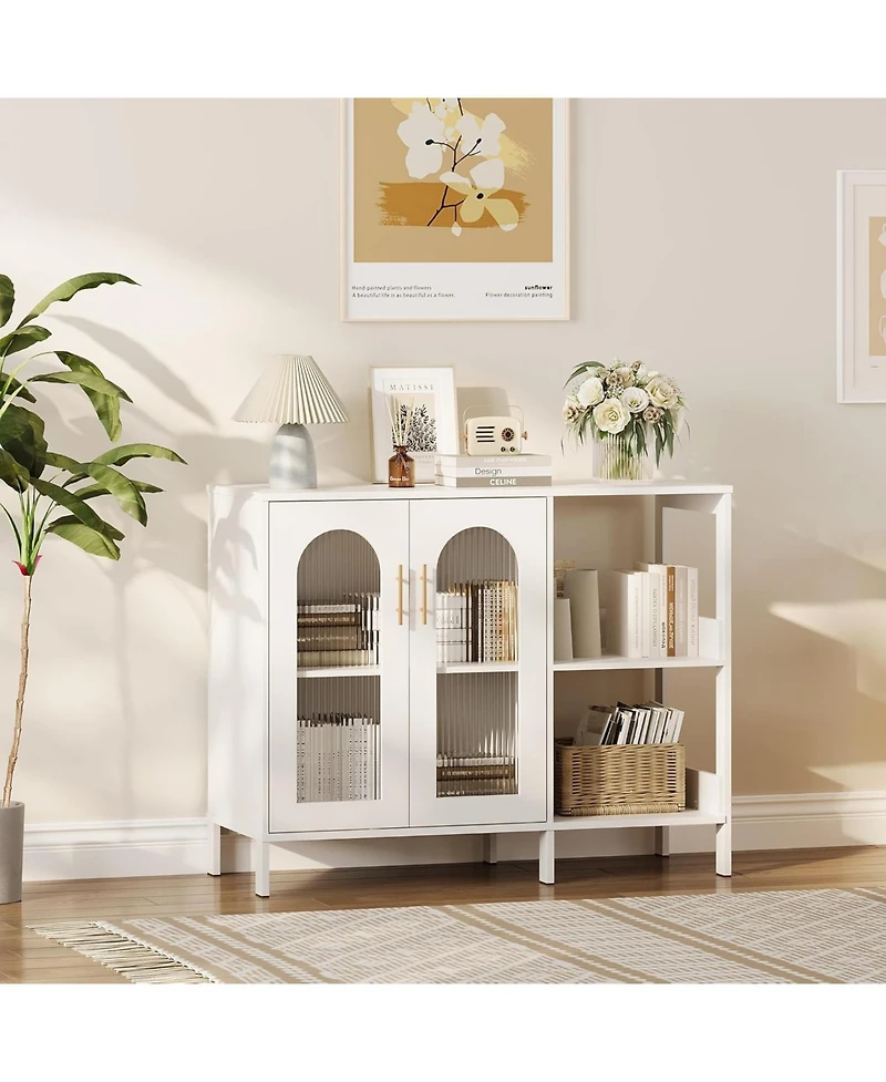 gaomon 2Pcs Storage Cabinet with Glass Door, Open Shelves, Sideboard Buffet 2 Tier Floor Storage Cabinet