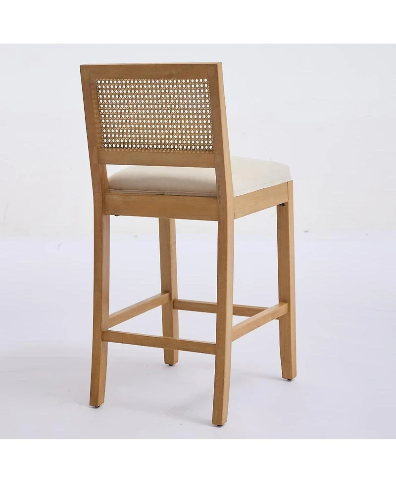 Maison Boucle Seat Solid Wood Rattan Back Bar Stools, Linen Cushion, Set of 2
