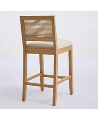 Maison Boucle Seat Solid Wood Rattan Back Bar Stools, Linen Cushion, Set of 2