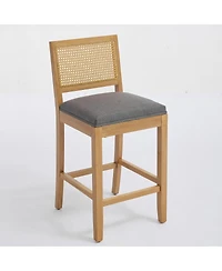 Maison Boucle Seat Solid Wood Rattan Back Bar Stools, Linen Cushion, Set of 2