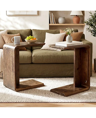 Tribesigns C-Shaped Solid Wood End Table Set of 2, Wooden Narrow Sofa Side Table