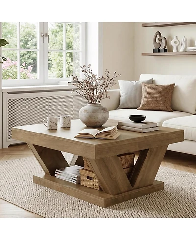 Tribesigns 2-Tier Rustic Wood Coffee Table, Farmhouse Square Coffee Table with Large Storage Shelf