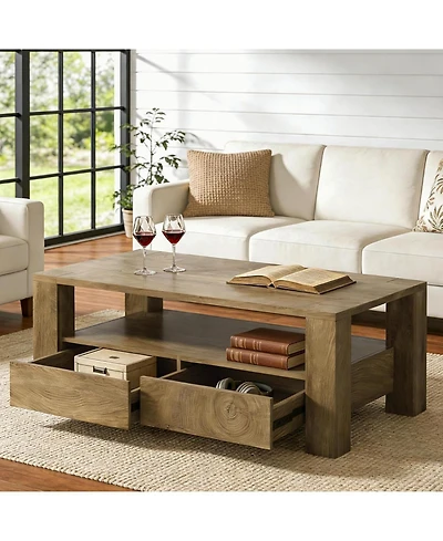 Tribesigns 47" Rectangle Coffee Table with 2 Drawers and Open Shelf, Farmhouse Wood Living Room Center Tea Table
