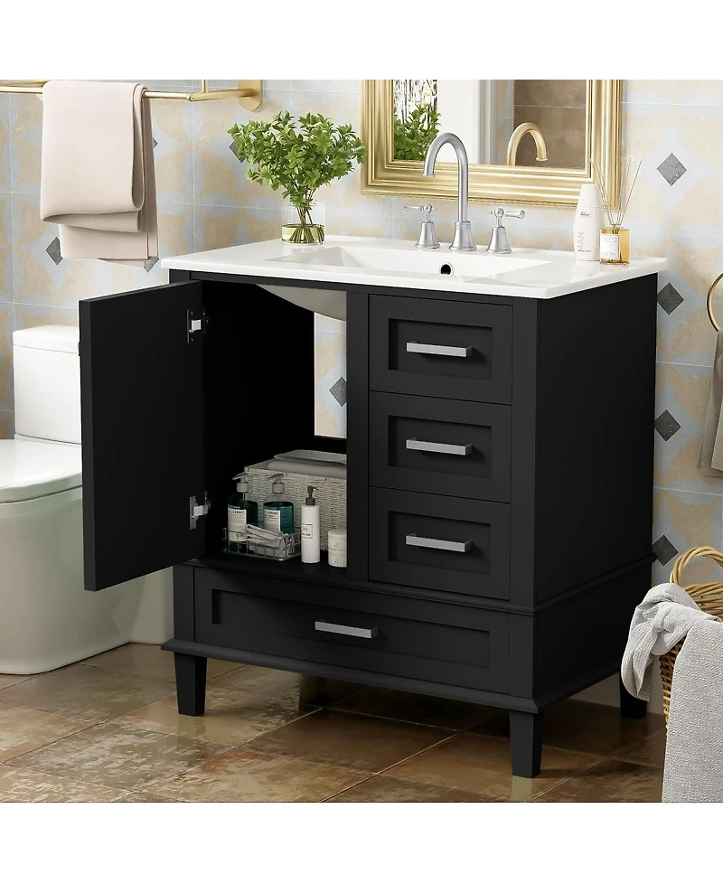 Sillysis Sage Green Bathroom Vanity with Ceramic Sink, Freestanding Solid Wood Mdf Cabinet, 3 Drawers Soft Close Door for Small Bathrooms