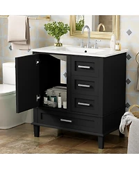 Sillysis Sage Green Bathroom Vanity with Ceramic Sink, Freestanding Solid Wood Mdf Cabinet, 3 Drawers Soft Close Door for Small Bathrooms