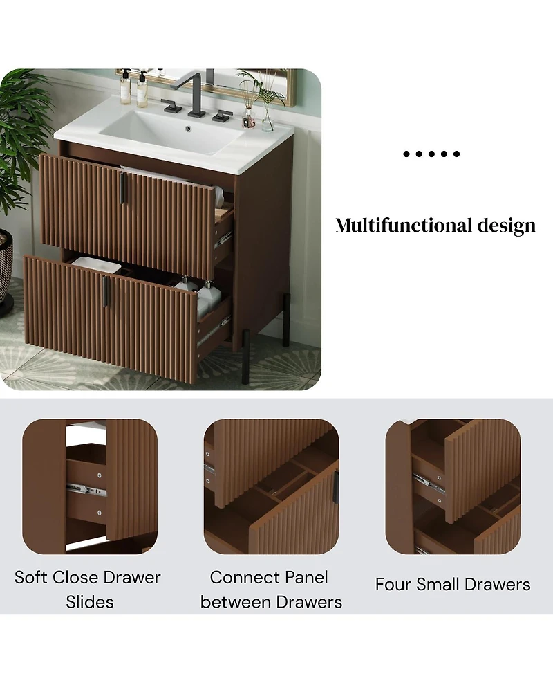 Sillysis Bathroom Vanity with Sink, Modern Fluted Mdf Cabinet, Soft Close Full-Extension Drawers for Small Spaces