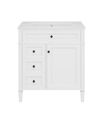 Sillysis Bathroom Vanity with Ceramic Sink, Solid Wood Cabinet, Ample Storage Drawers Adjustable Shelf for Small
