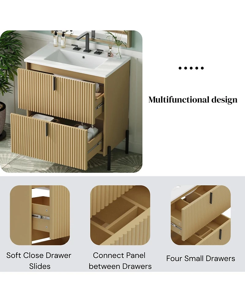 Sillysis Bathroom Vanity with Sink, Modern Fluted Mdf Cabinet, Soft Close Full-Extension Drawers for Small Spaces