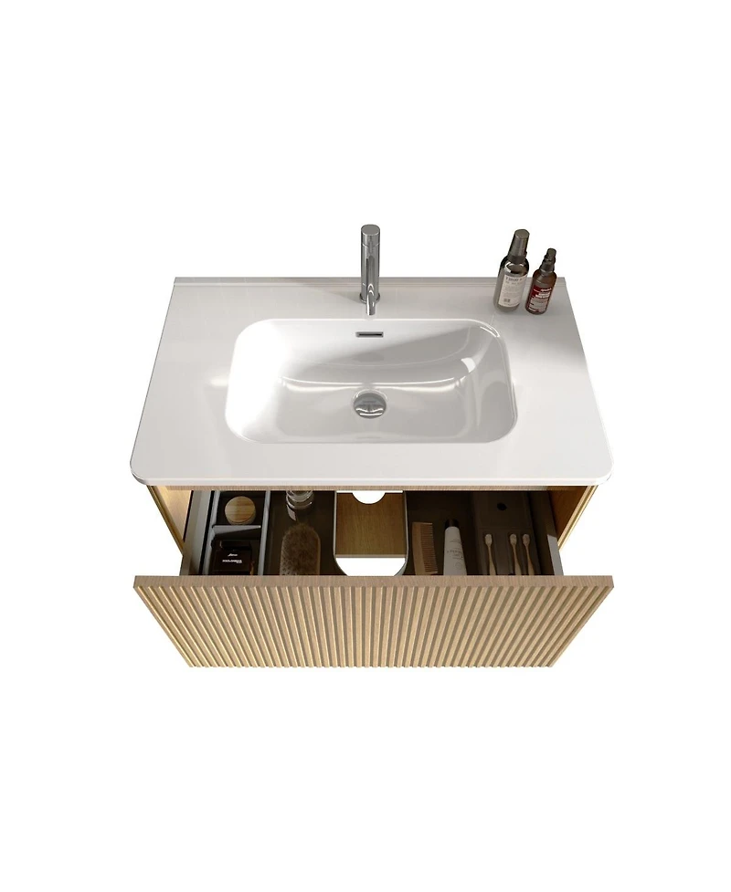 Sillysis Floating Bathroom Vanity with Integrated Ceramic Sink and Push Open Drawer, Wall Mounted for Small