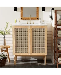 Sillysis 30"Bathroom Vanity with Ceramic Sink, Bamboo Frame & Rattan Doors, Ample Storage for Modern Small Space
