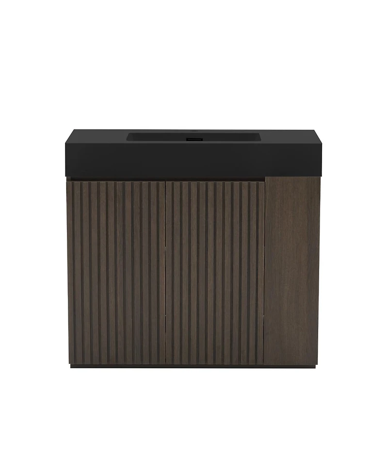 Sillysis Modern Bathroom Vanity with Quartz Sink, Soft-Close Doors, Open Shelf Storage, Winston Mid-Century Fluted Cabinet