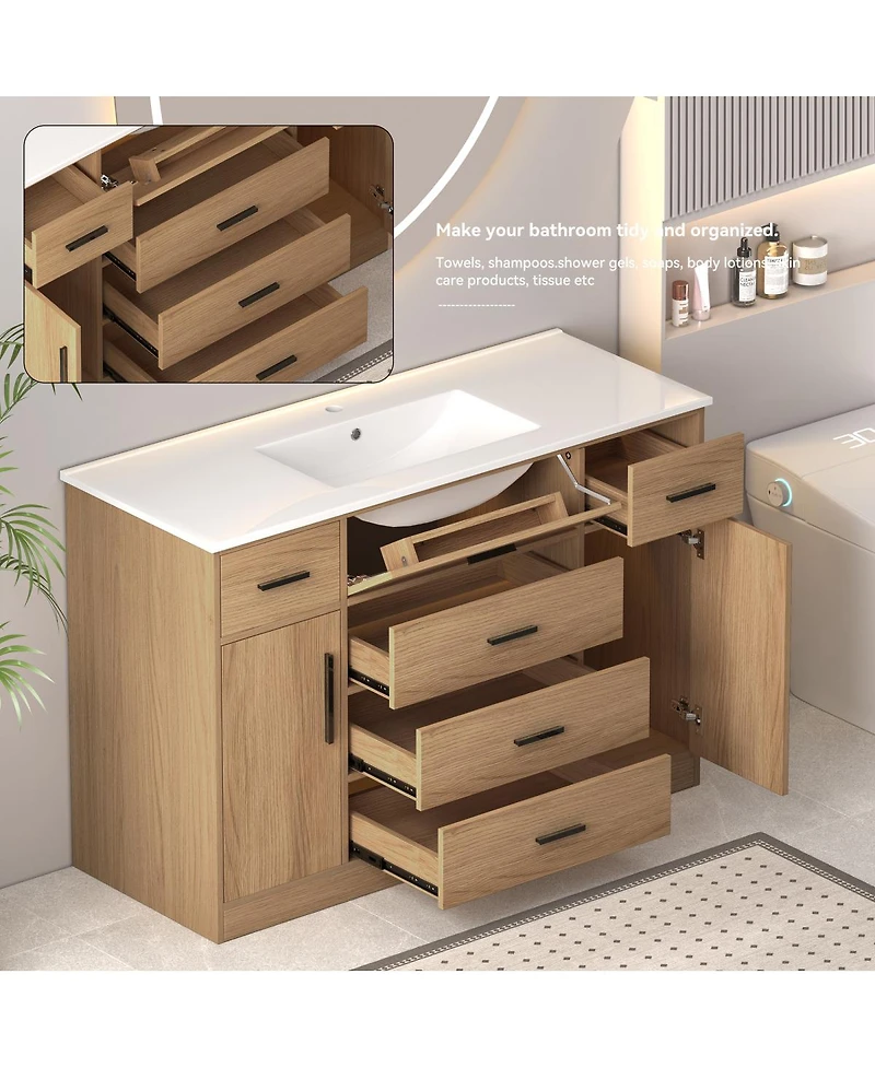 Sillysis 48" Light Oak Bathroom Vanity with Resin Top, 6 Drawers and 2 Soft Close Doors, Transitional Storage for Modern