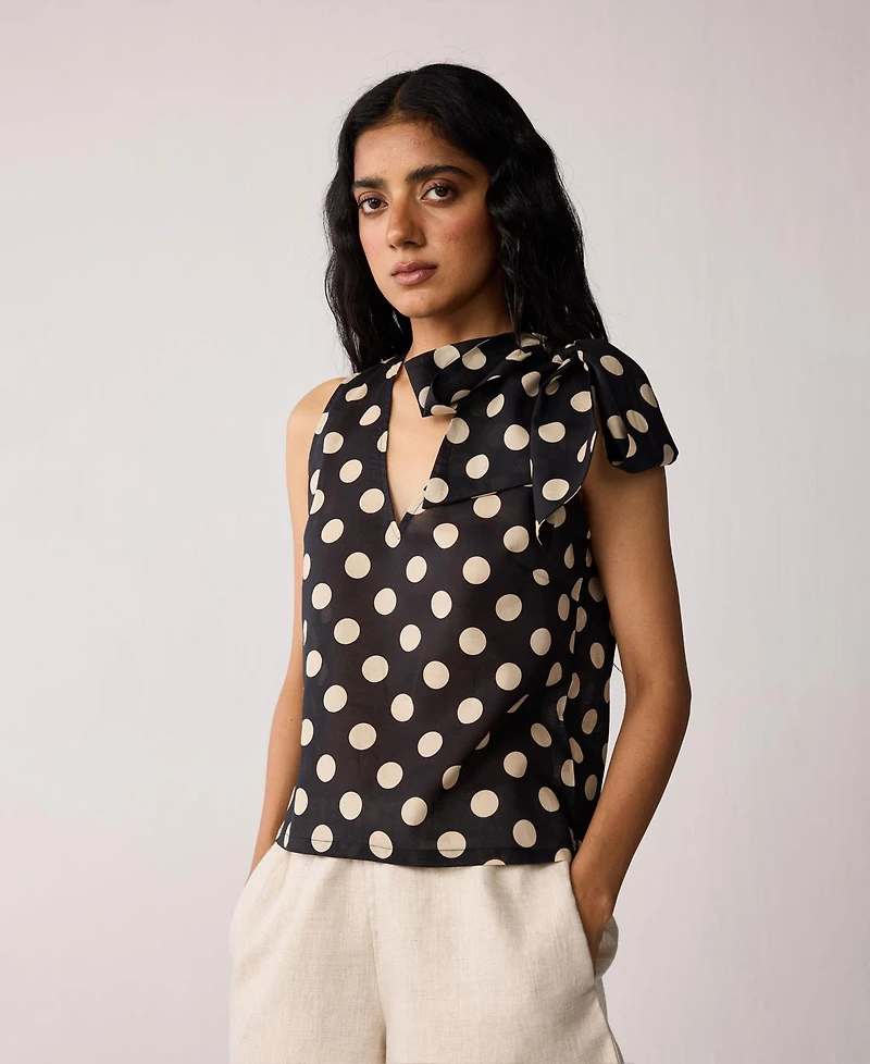 Reistor Women's Regular V-Neck Polka Dot Top with Bow Detail