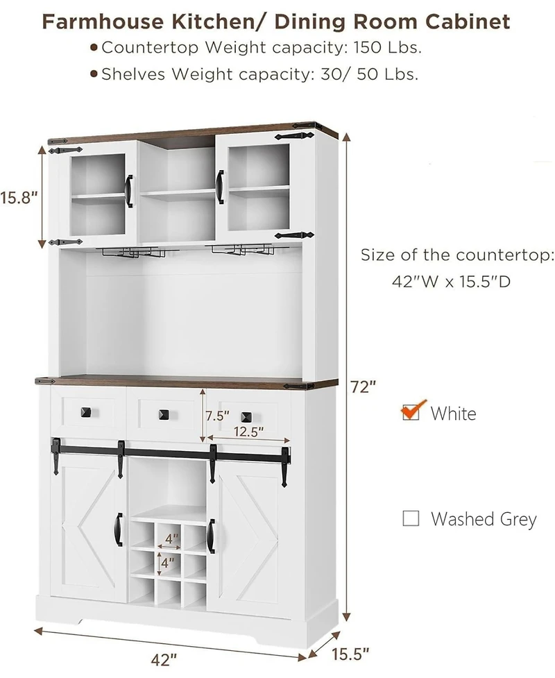 gaomon 72" Farmhouse Bar Cabinet with Sliding Barn Door, Tall Kitchen Buffet with Storage Hutch and 3 Drawer, Wine and Glasses Rack