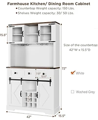 gaomon 72" Farmhouse Bar Cabinet with Sliding Barn Door, Tall Kitchen Buffet with Storage Hutch and 3 Drawer, Wine and Glasses Rack