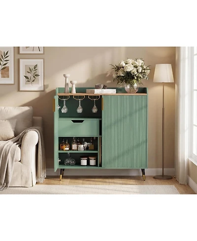 gaomon Towallmark Green Modern Fluted Bar Cabinet with Wine Rack and Glass Holders, Black Kitchen Sideboard Buffet Cabinet for Dining Room