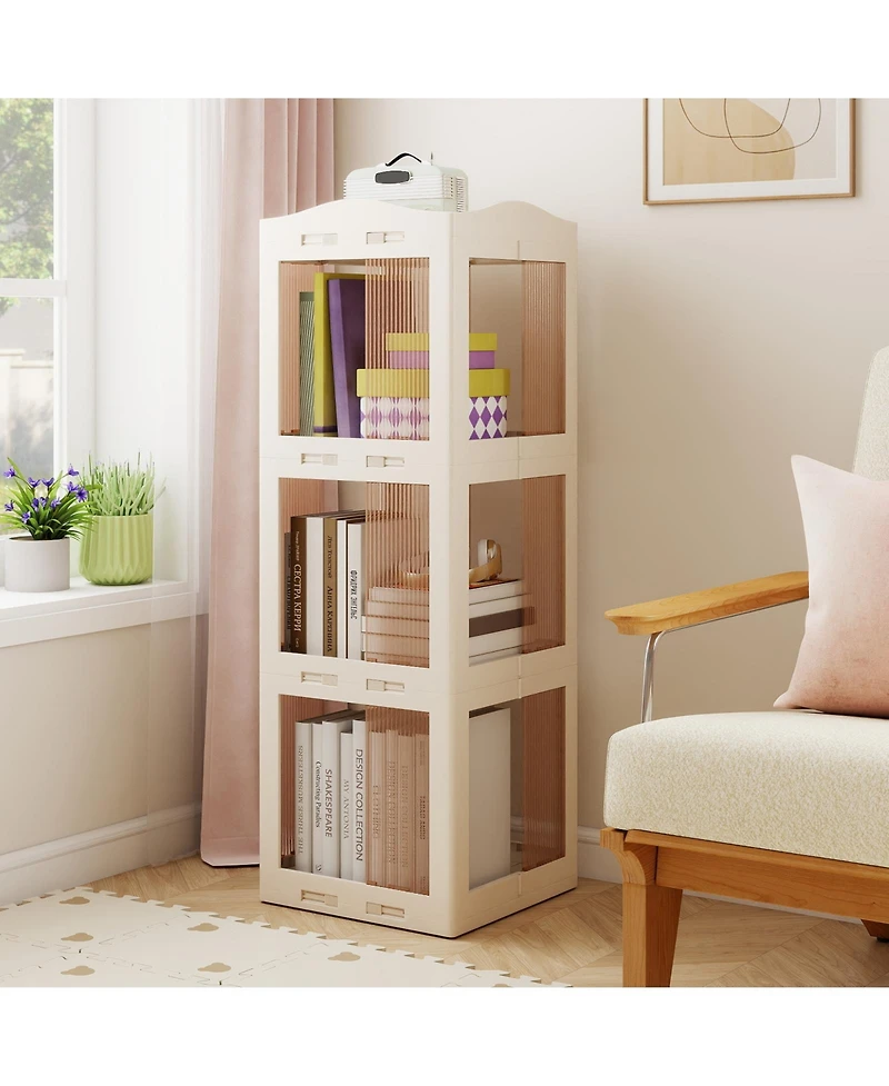 Sugift 3-Tier Foldable Rotating Bookshelf with Swivel Base and Translucent Panels