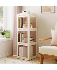 Sugift 3-Tier Foldable Rotating Bookshelf with Swivel Base and Translucent Panels