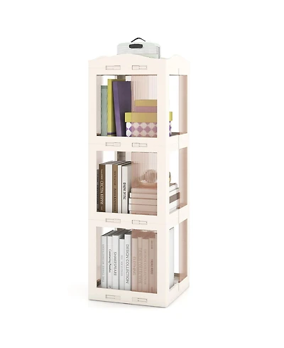 Sugift 3-Tier Foldable Rotating Bookshelf with Swivel Base and Translucent Panels
