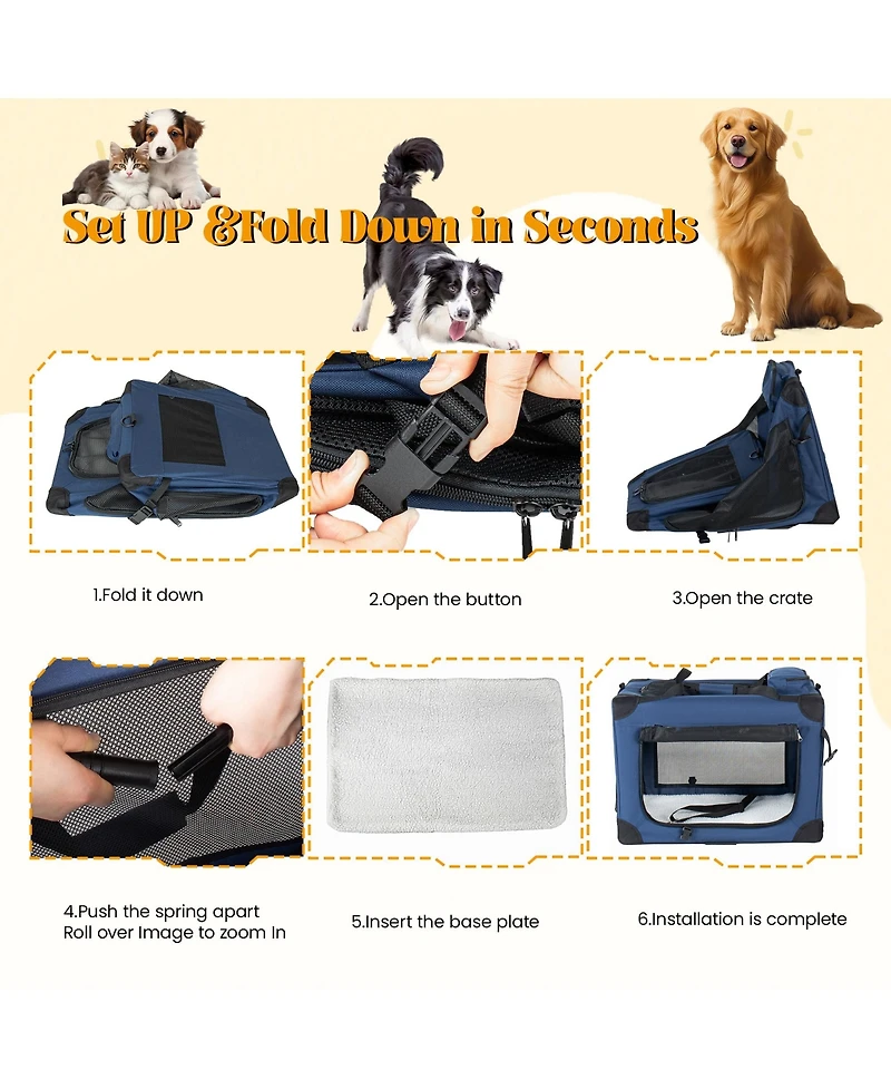 Zeus and Ruta 32 Inch Soft Cat Crate with 3 Doors Portable Folding Carrier and Fleece Mat for Travel