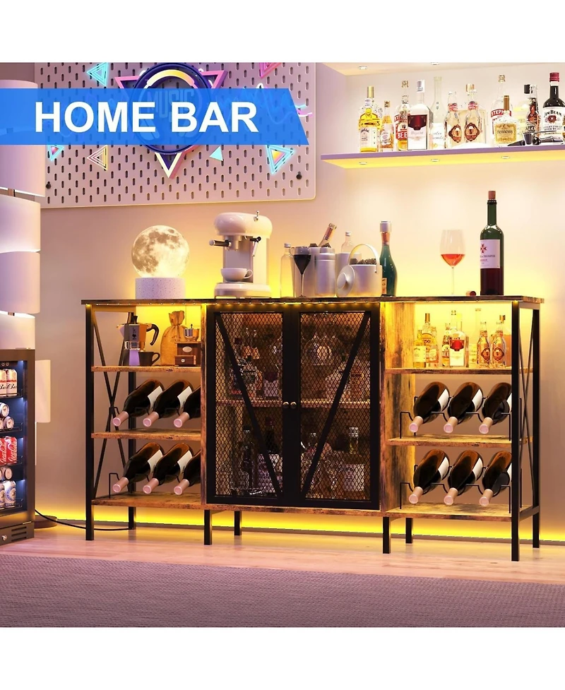 gaomon Farmhouse Wine Bar Cabinet with Wine Rack and Glass Holder, Industry Coffee Bar with Led Light, Metal Sideboard and Liquor Table Cabinet,Mesh