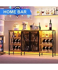 gaomon Farmhouse Wine Bar Cabinet with Wine Rack and Glass Holder, Industry Coffee Bar with Led Light, Metal Sideboard and Liquor Table Cabinet,Mesh