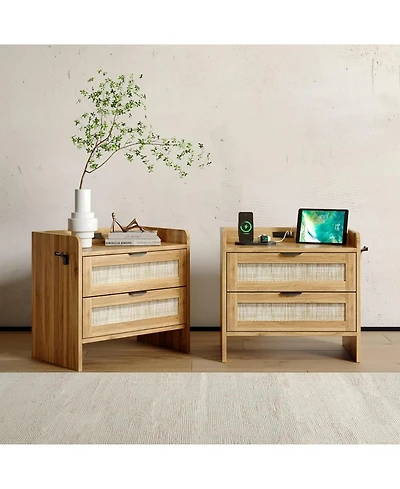 gaomon Rattan Nightstand Set of 2, Bedside Table with Type-c Charging Station - 2 Storage Drawer Space, Boho End Side for Bedroom Office