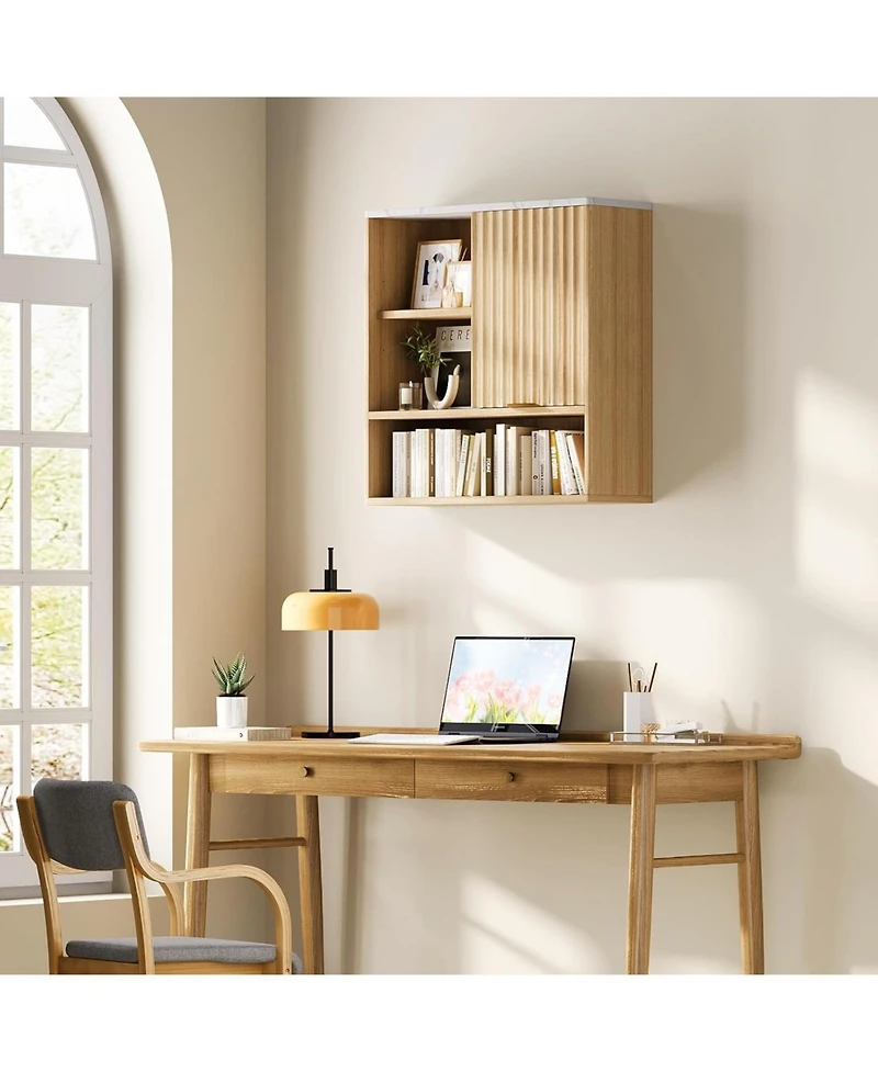 gaomon Fluted Medicine Cabinet, Modern Wall Mounted Bathroom Cabinet Over Toilet Storage with Open Partition & Faux Marble Top