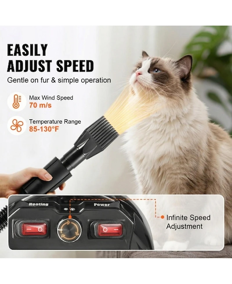 Zeus and Ruta 2800W Cat Dryer with Adjustable Speed and Temperature Control 4 Nozzles Extendable Hose Grey Black Pet Grooming