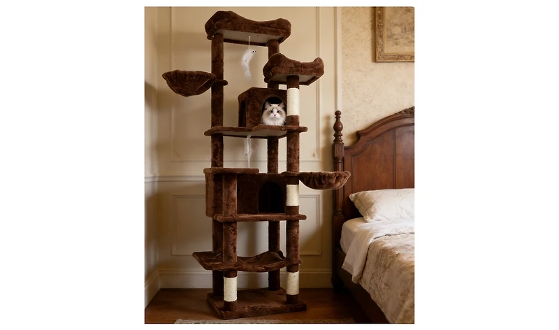 Zeus and Ruta 68 Inch Tall Multi Level Green Cat Tree with Hammocks Hanging Basket Cat Cave Removeable Cushion Scratching Posts