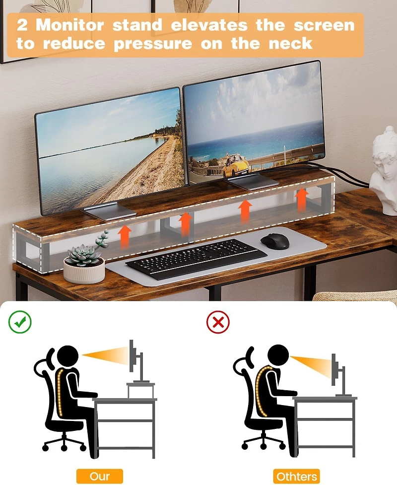 gaomon 67" L Shaped Computer DeskPc Desk Gaming Desk with File Drawer, with Power Outlet, 2 Monitor Stands, Adjustable Storage Shelf, Writing Desk