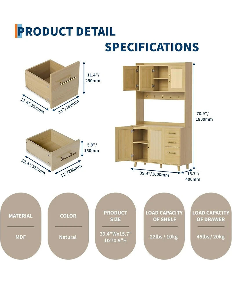 gaomon 71 in Tall Kitchen Pantry Cabinet with Microwave Shelf, Rattan Freestanding Storage Cabinet with 3 Drawers, Adjustable Shelves and 6 Hooks