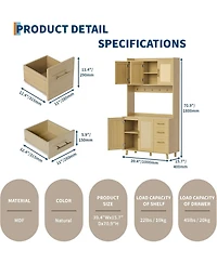 gaomon 71 in Tall Kitchen Pantry Cabinet with Microwave Shelf, Rattan Freestanding Storage Cabinet with 3 Drawers, Adjustable Shelves and 6 Hooks
