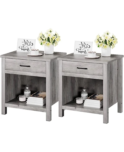 gaomon Farmhouse nightstand set of 2 with drawer and open shelf- wooden end tables for bedroom, nursery, or living room storage.