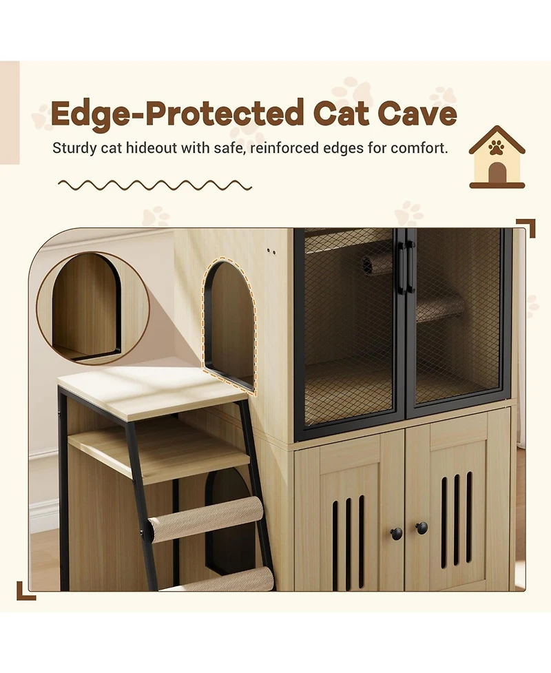 gaomon Cat Litter Box Furniture, 2 Tier Enclosed Furniture with Doors, Hidden Storage and Ladder