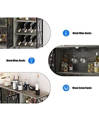 gaomon Farmhouse Wine Bar Cabinet with Rack and Glass Holder, Industry Coffee Led Light, Metal Sideboard Liquor Table Cabinet,Mesh