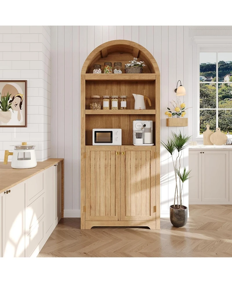 gaomon 72" Tall Wood Arched Storage Cabinet - 5-Shelf Kitchen Pantry with Doors & Open Shelves, Versatile Standing Bookcase Cupboard