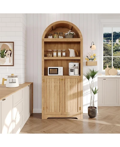 gaomon 72" Tall Wood Arched Storage Cabinet - 5-Shelf Kitchen Pantry with Doors & Open Shelves, Versatile Standing Bookcase Cupboard