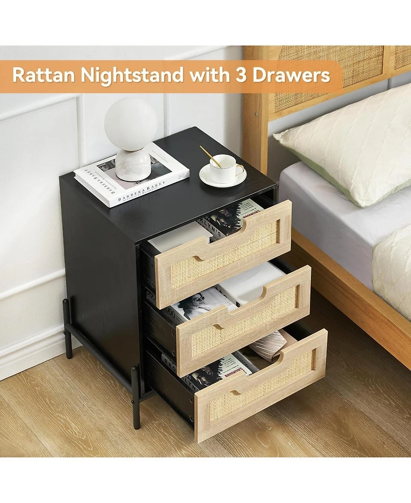 gaomon Nightstand, Rattan End Table, Nightstands with 3 Rattan Drawers, Strong Support Wooden Structure, Side Table with Storage Drawers