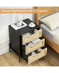 gaomon Nightstand, Rattan End Table, Nightstands with 3 Rattan Drawers, Strong Support Wooden Structure, Side Table with Storage Drawers