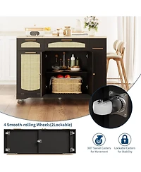 gaomon Rattan Rolling Kitchen Island Table on Wheels with Drop Leaf, Tilt Out Trash Can Cabinet 2 Door, Storage Cabinet, Drawer, Spice Rack
