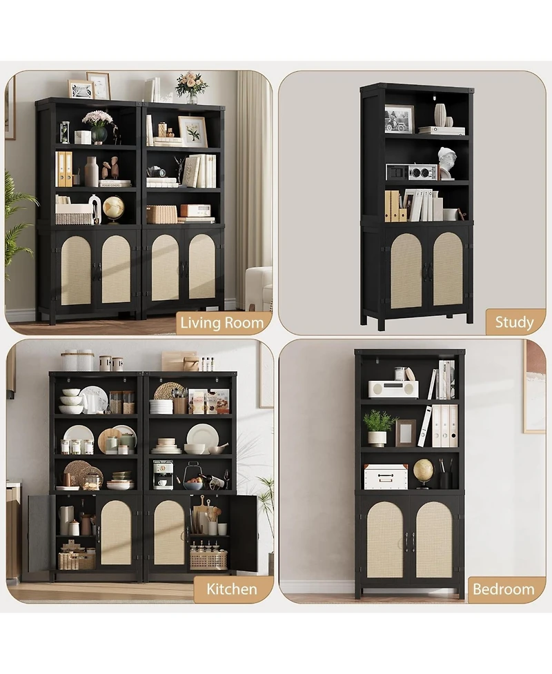gaomon 70'' farmhouse bookshelf with door, three levels of open storage, floor standing display shelves and bookcase for home organization.