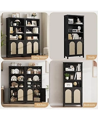 gaomon 70'' farmhouse bookshelf with door, three levels of open storage, floor standing display shelves and bookcase for home organization.