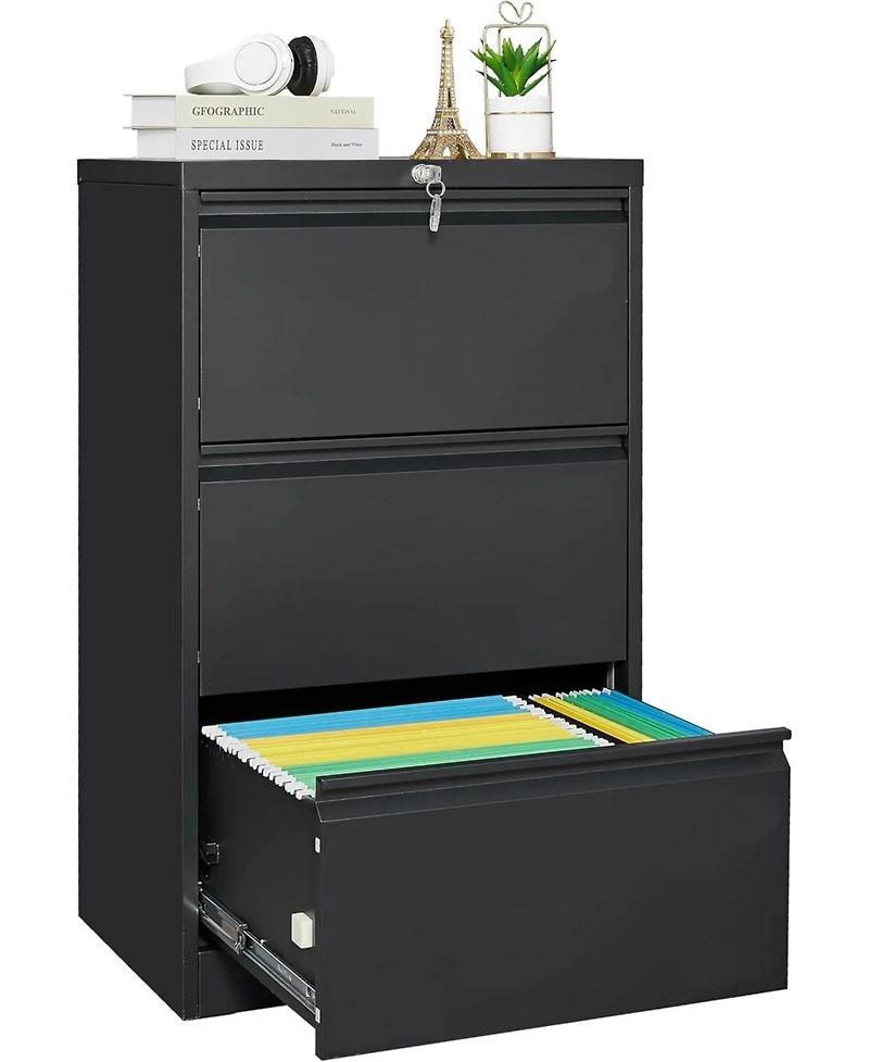 gaomon 3 Drawer Lateral File Cabinet, Heavy Duty Metal Filing Cabinet with Locks for Home Office, Black Cabinets Business Card Holder
