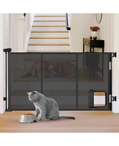 Aronkl Retractable Pet Gate with Cat Door Mesh Dog for Indoor Outdoor Use