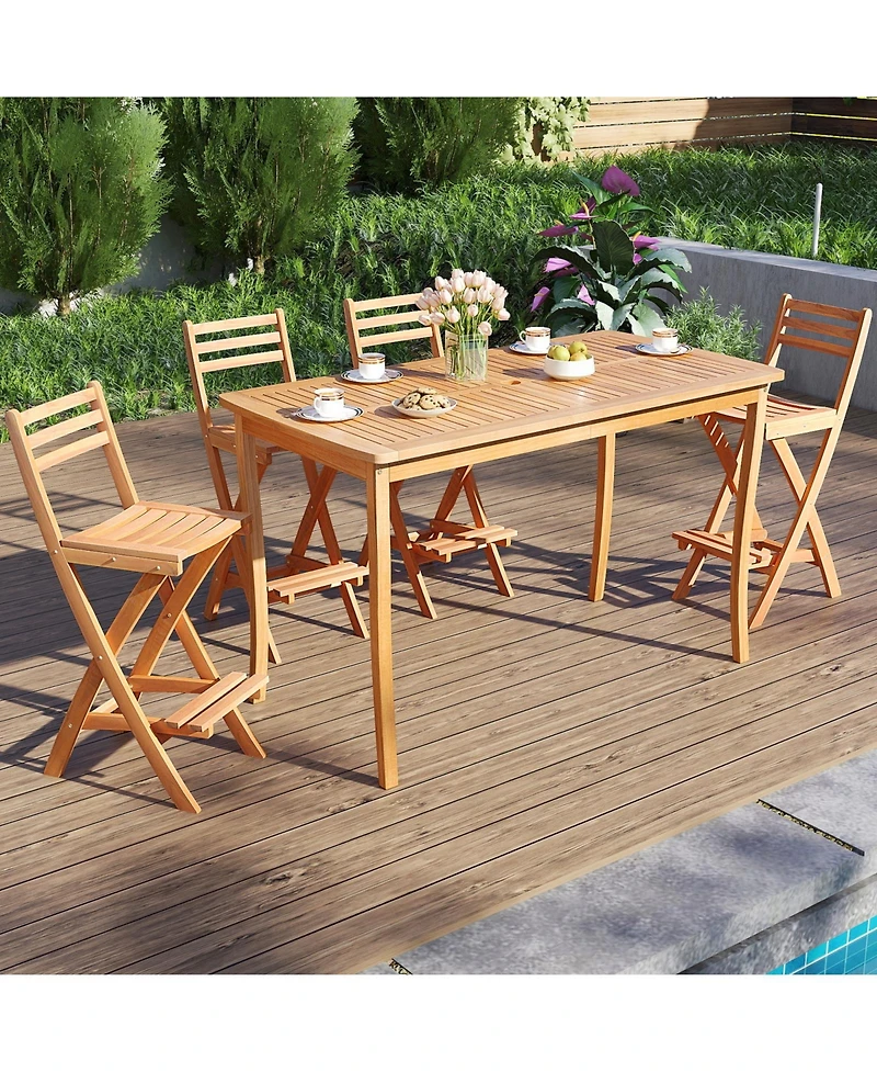 Gymax Outdoor Folding Bar Stools Set of 4 w/Backrest Footrest Wooden Barstools