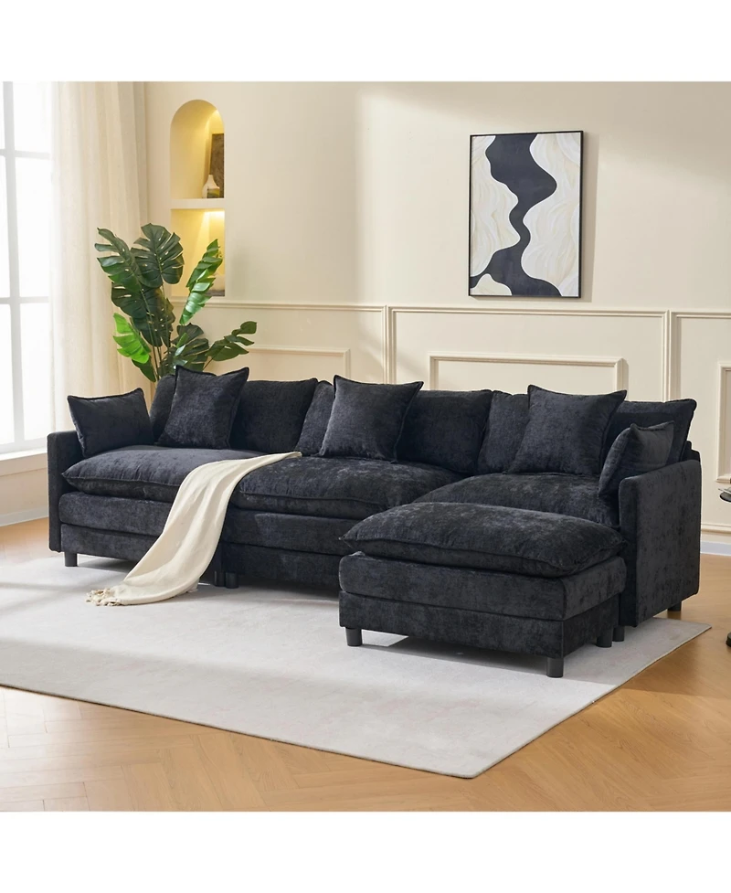 Boyel Living 108 Inch L Shaped Modern Modular Sectional Sofa with Ottoman Chenille Cloud Couch 4 Seat Deep Seat Pillow Top Arms
