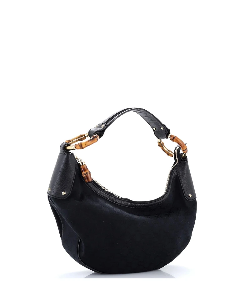 Pre-Owned Gucci Medium Bamboo Ring Half Moon Web Hobo Gg Canvas