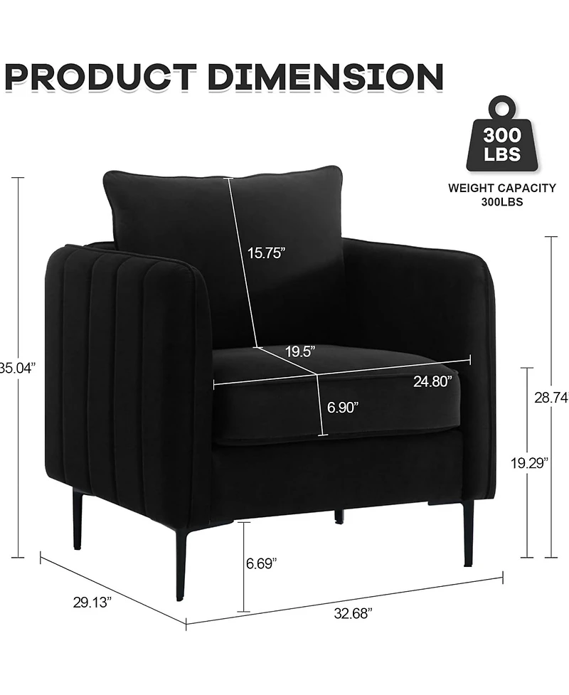 Boyel Living Accent Chair for Room Velvet Comfy Single Sofa Mid Century Armchair with Pillow Metal Legs
