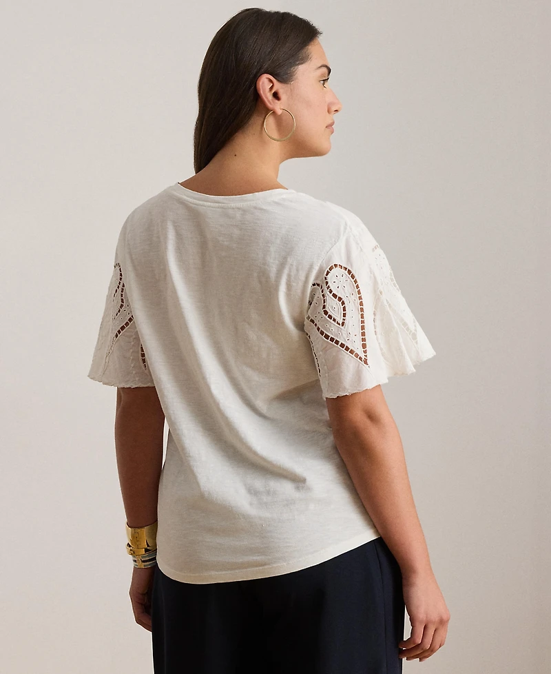 Lauren Ralph Plus Eyelet Cotton Jersey & Broadcloth Top